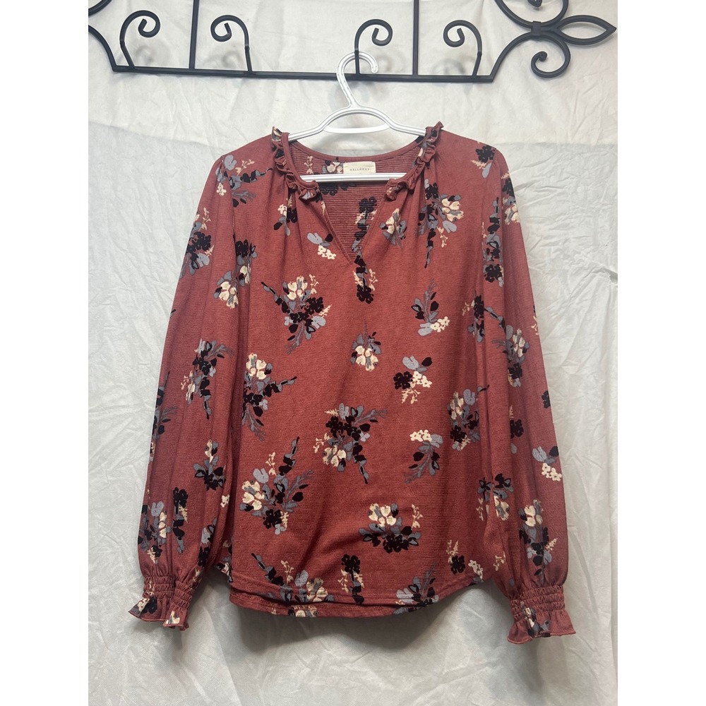 Melloday Rust Floral Ruffle Neck Blouse Long Sleeve Smocked Cuff Medium